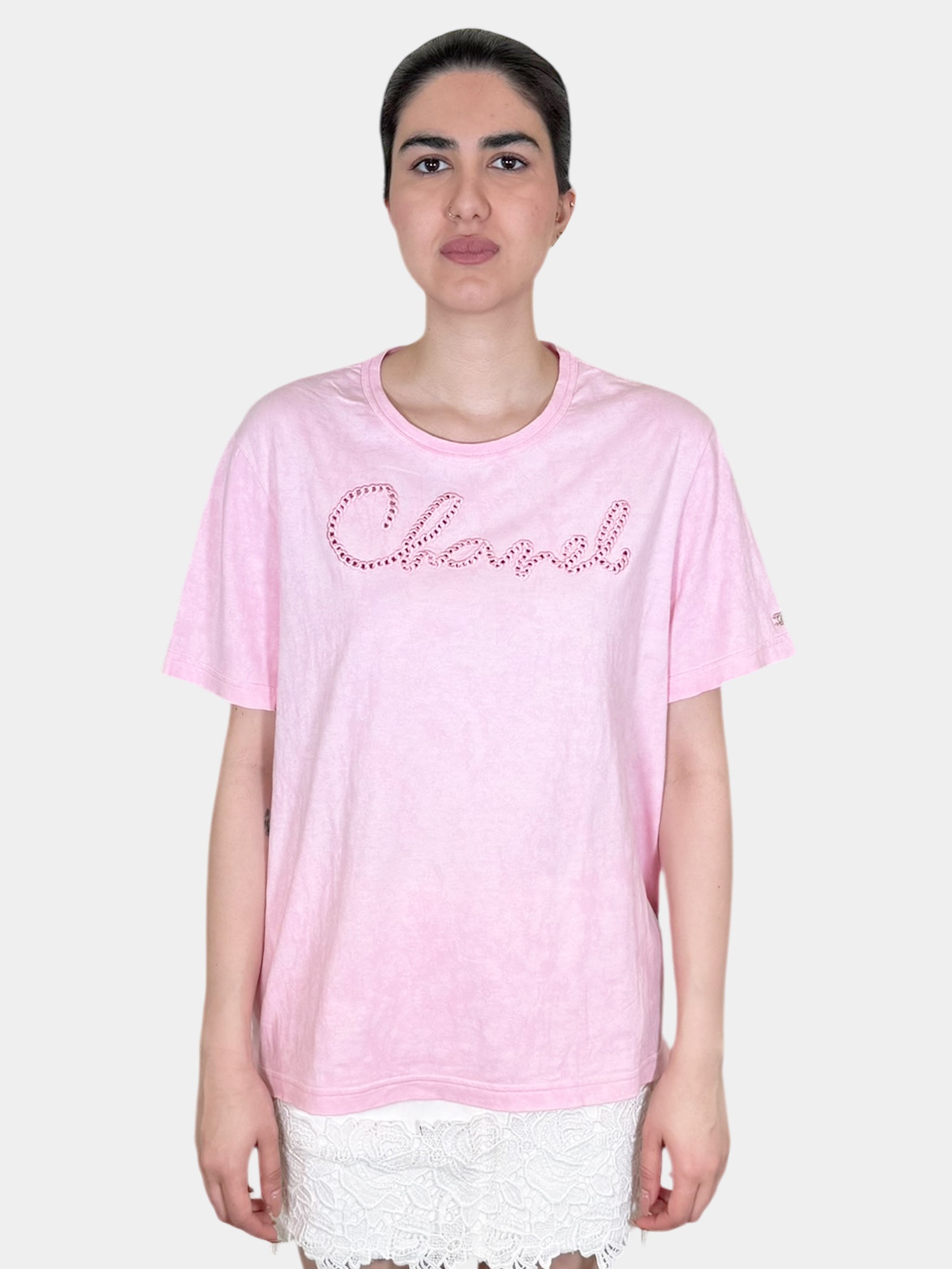 Chanel 2020 Pink Tie-Dye Short Sleeve Embroidered Logo T-Shirt, Size 46 Luxury Designer Resale Consignment Secondhand Vintage Toronto