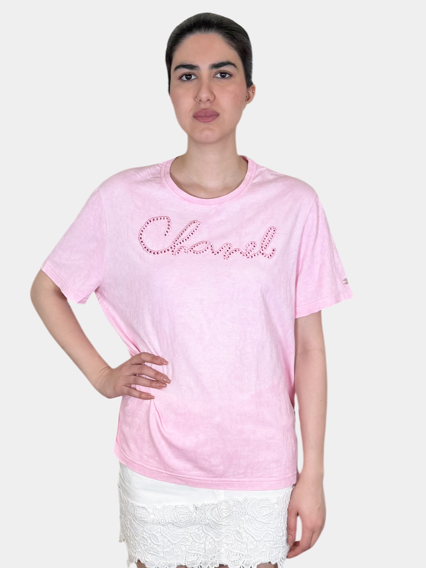 Chanel 2020 Pink Tie-Dye Short Sleeve Embroidered Logo T-Shirt, Size 46 Luxury Designer Resale Consignment Secondhand Vintage Toronto