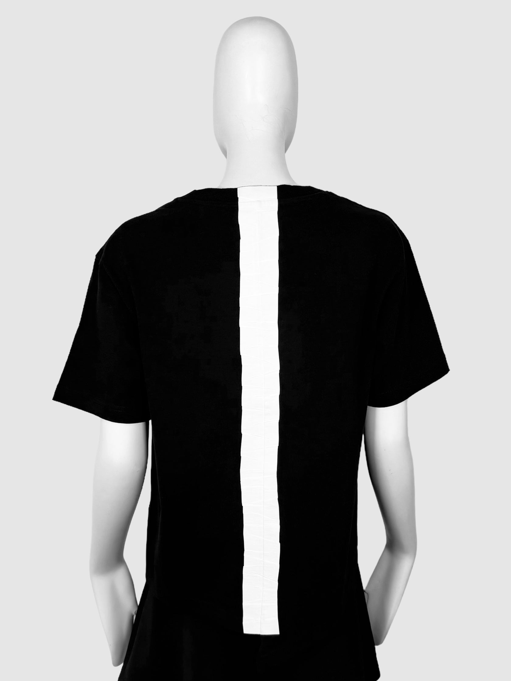 Acne Studios Black Unstructured Boxy Short Sleeve T-Shirt with White "Tape" Strip Design on Back Size Extra Small Consignment Secondhand Designer Luxury Resale Toronto Trendy