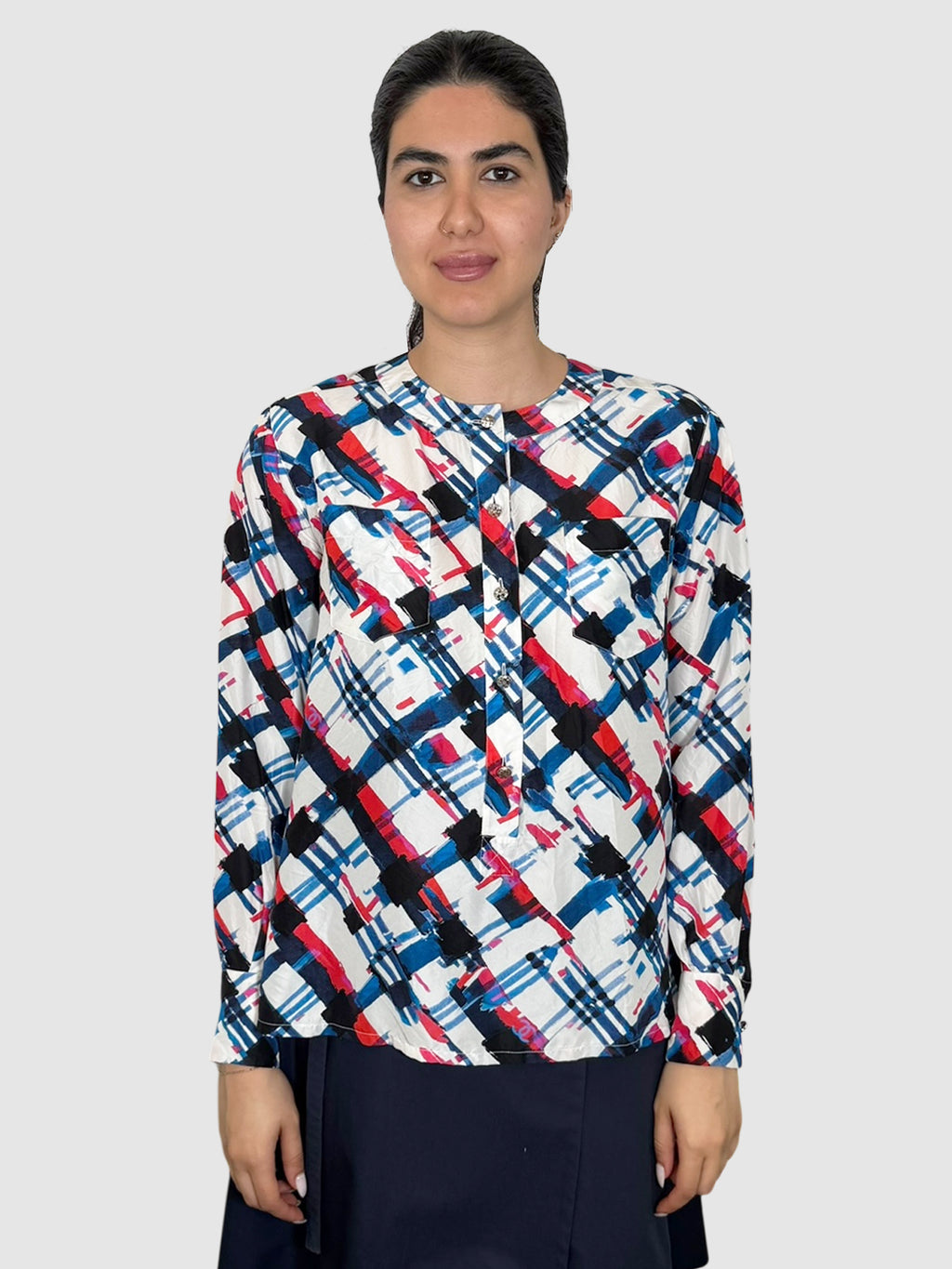 Chanel 2016 Multicolour Multi-Print Silk Button-Up Top, Size 36 luxury designer resale consignment vintage secondhand Toronto Canada