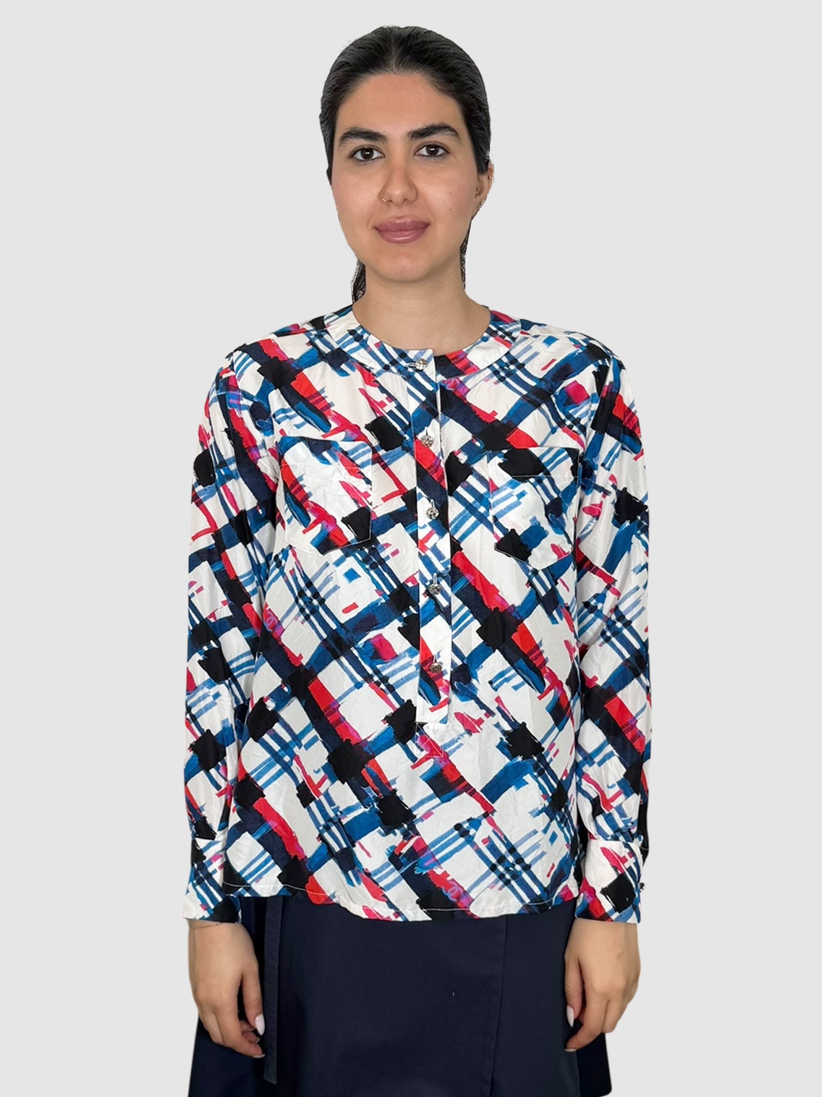 Chanel 2016 Multicolour Multi-Print Silk Button-Up Top, Size 36 luxury designer resale consignment vintage secondhand Toronto Canada