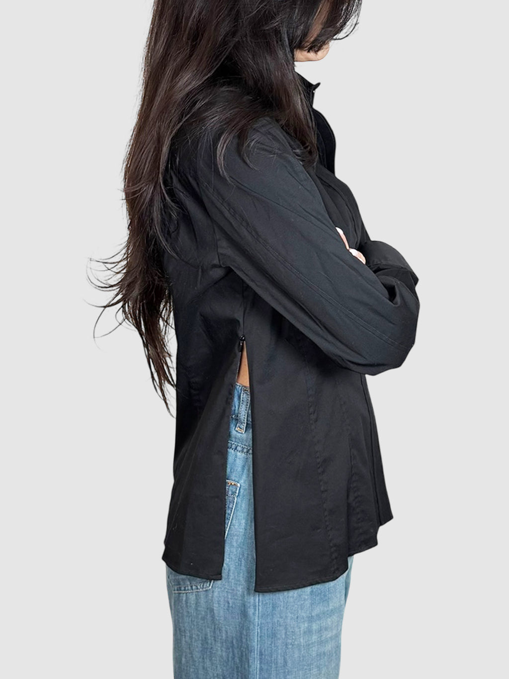 Side Zip Button-Up Top