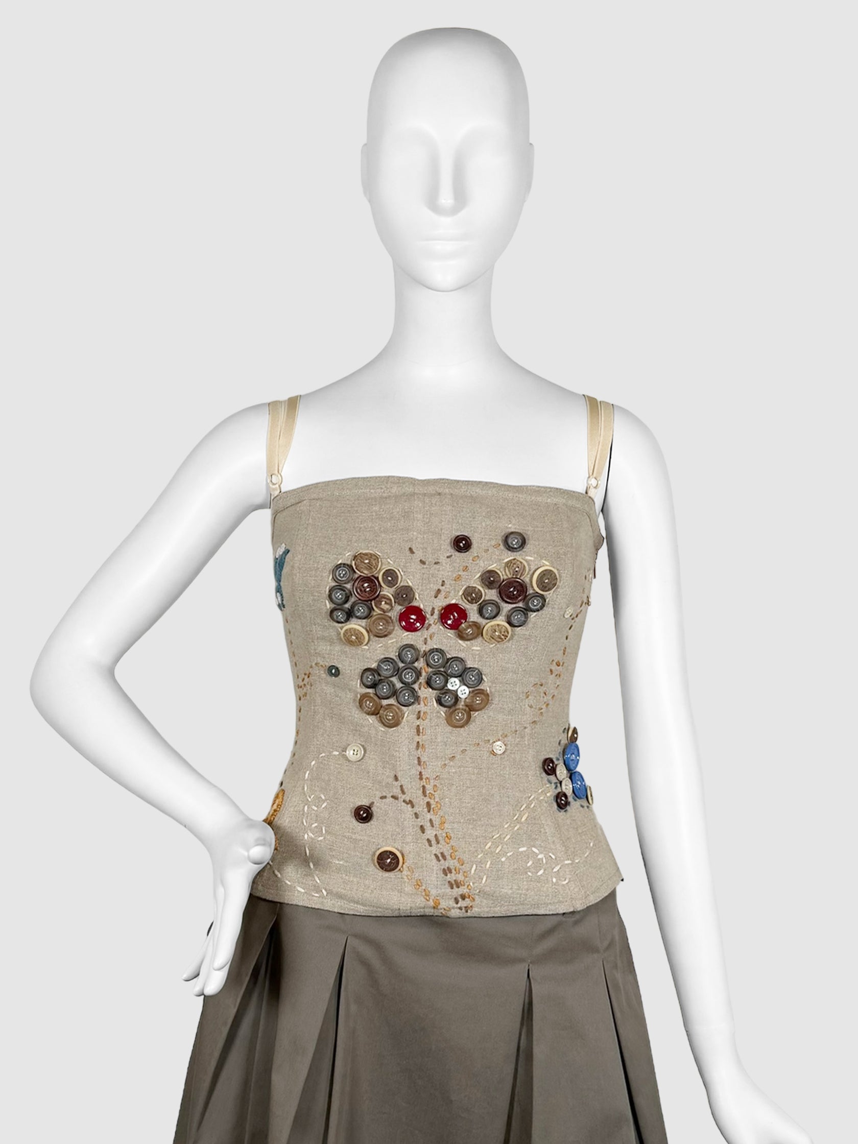 Dolce & Gabbana Beige Sleeveless Embroidered Linen Corset Top with Button Embellishments D&G Luxury Designer Resale Trendy Vintage Y2K Toronto