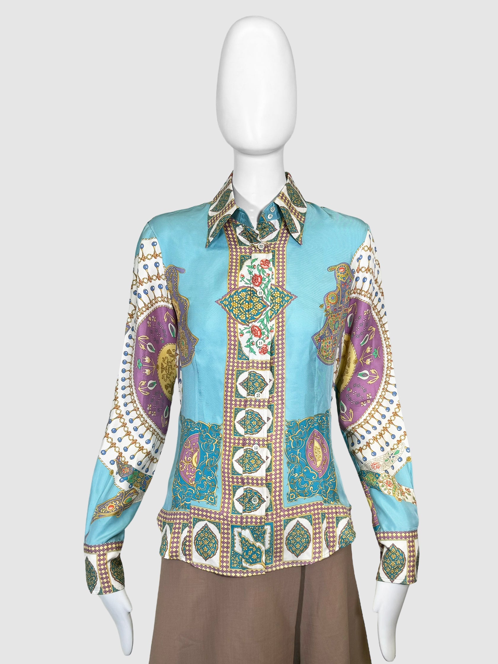 Etro Abstract Print Silk Button-Up Top - Size 42