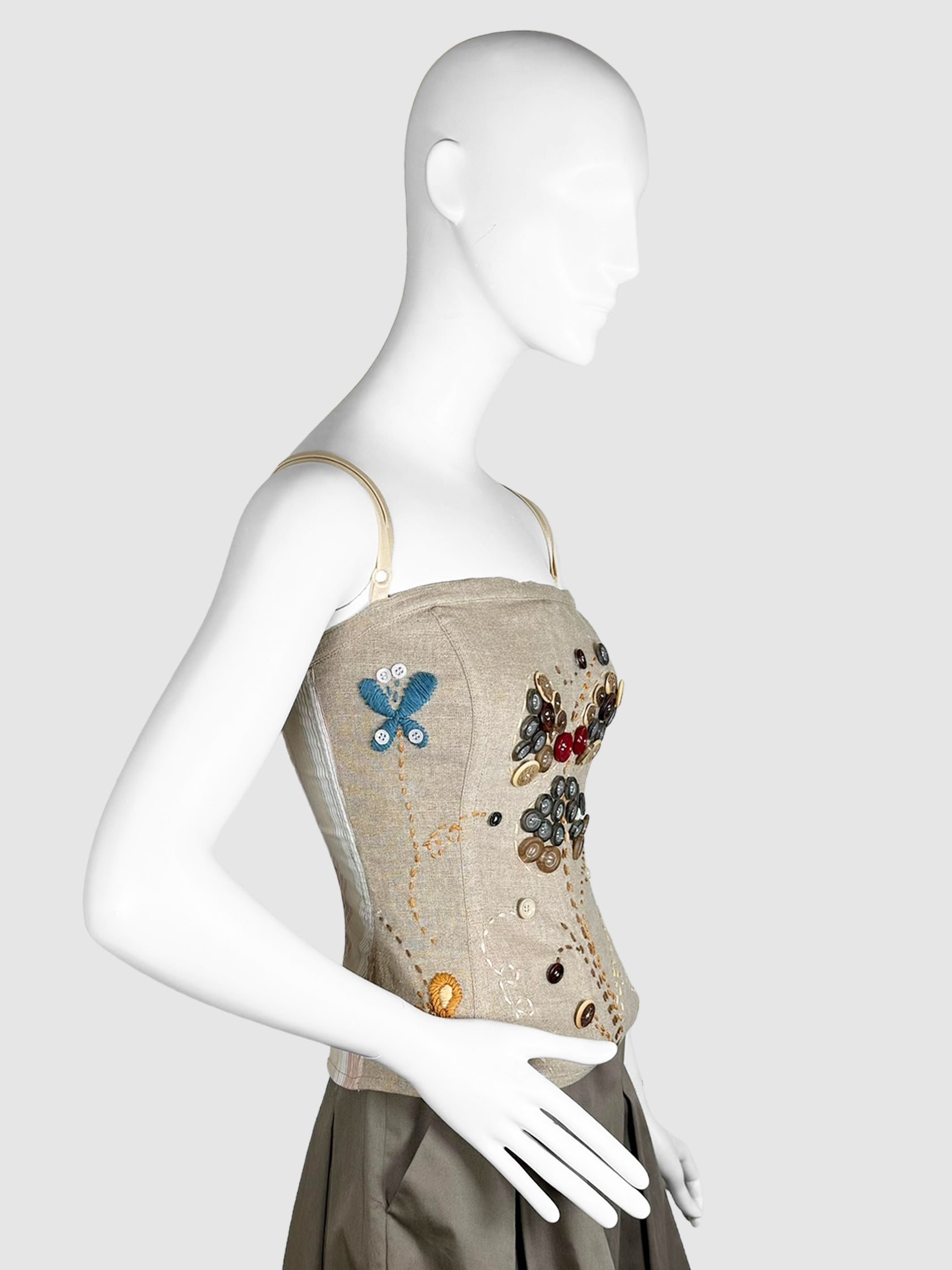 Dolce & Gabbana Beige Sleeveless Embroidered Linen Corset Top with Button Embellishments D&G Luxury Designer Resale Trendy Vintage Y2K Toronto