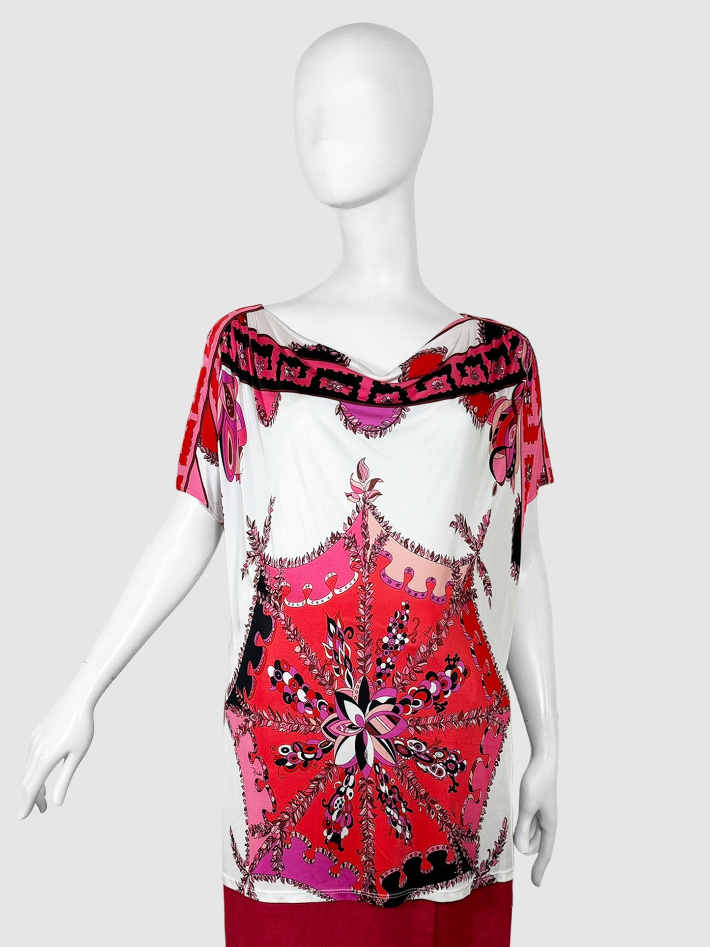 Emilio Pucci White, Red, and Pink Abstract Print Boat Neck Short Sleeve Top Size 14 Consignment Secondhand Designer Luxury Resale Toronto Trendy