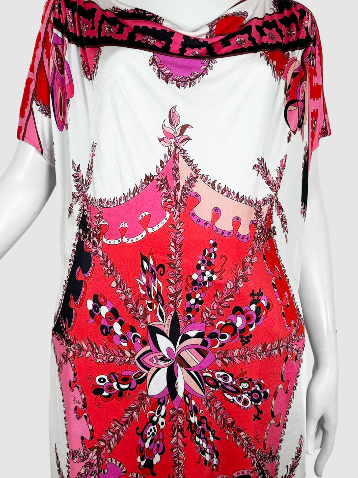 Emilio Pucci White, Red, and Pink Abstract Print Boat Neck Short Sleeve Top Size 14 Consignment Secondhand Designer Luxury Resale Toronto Trendy