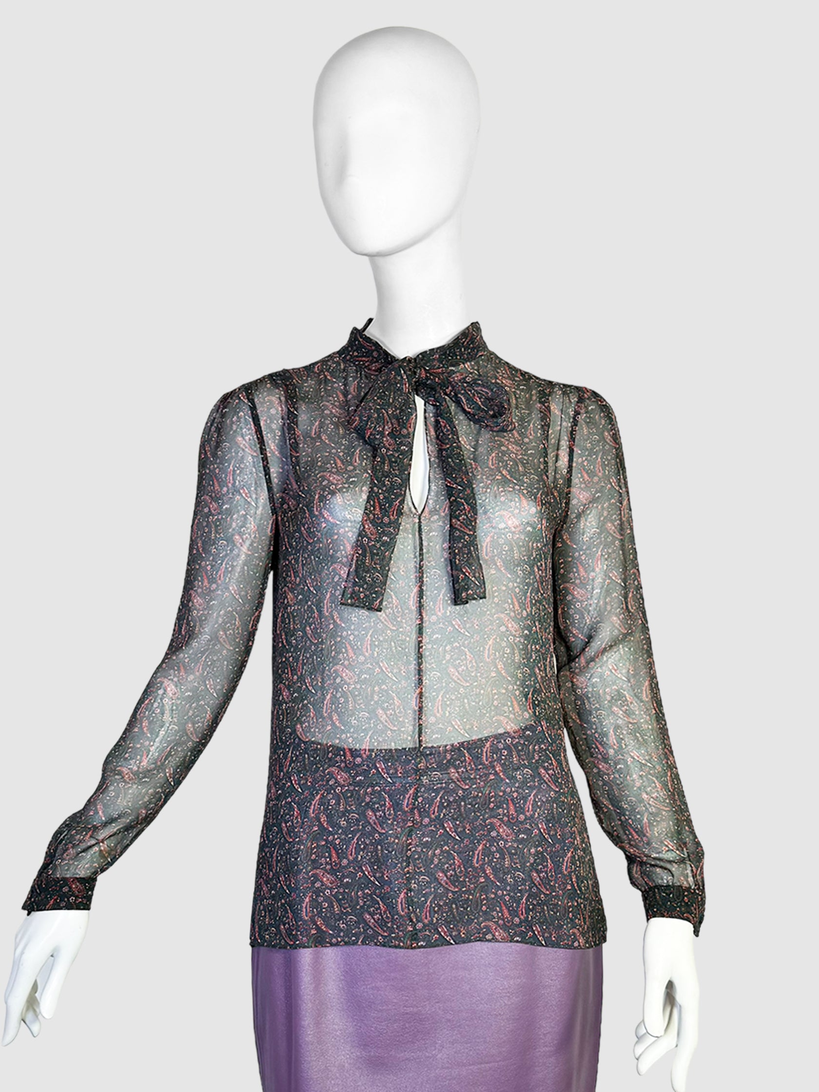 Sheer Paisley Print Silk Blouse - Size S