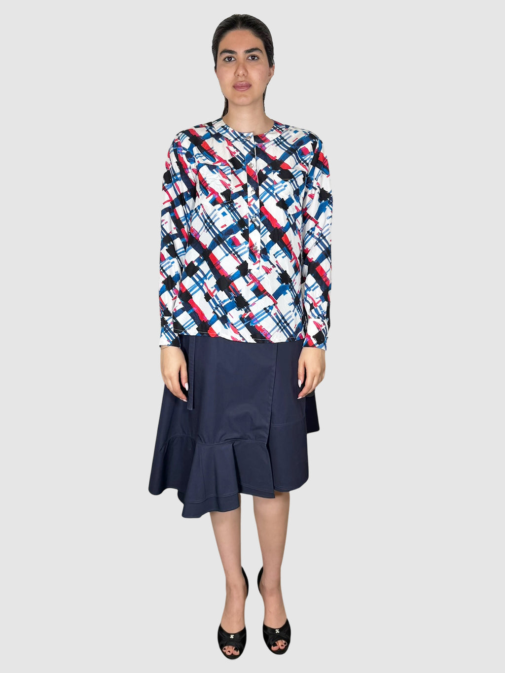 Chanel 2016 Multicolour Multi-Print Silk Button-Up Top, Size 36 luxury designer resale consignment vintage secondhand Toronto Canada