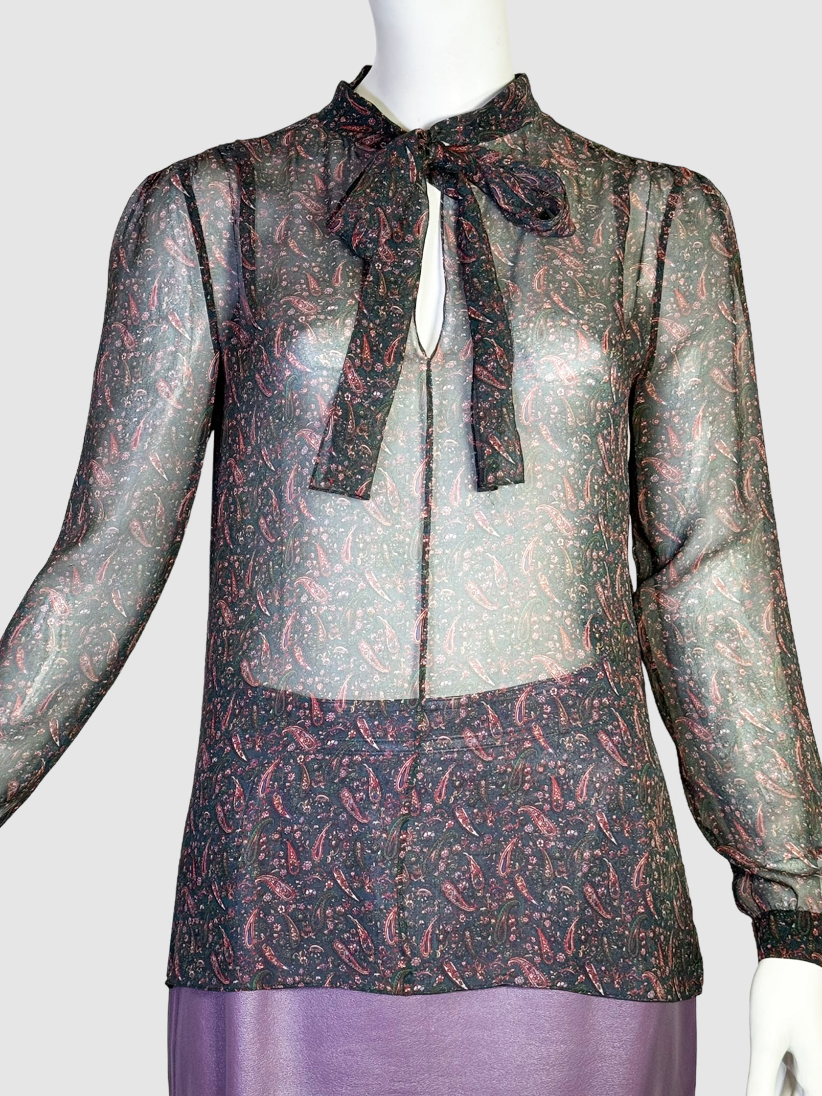 Sheer Paisley Print Silk Blouse - Size S