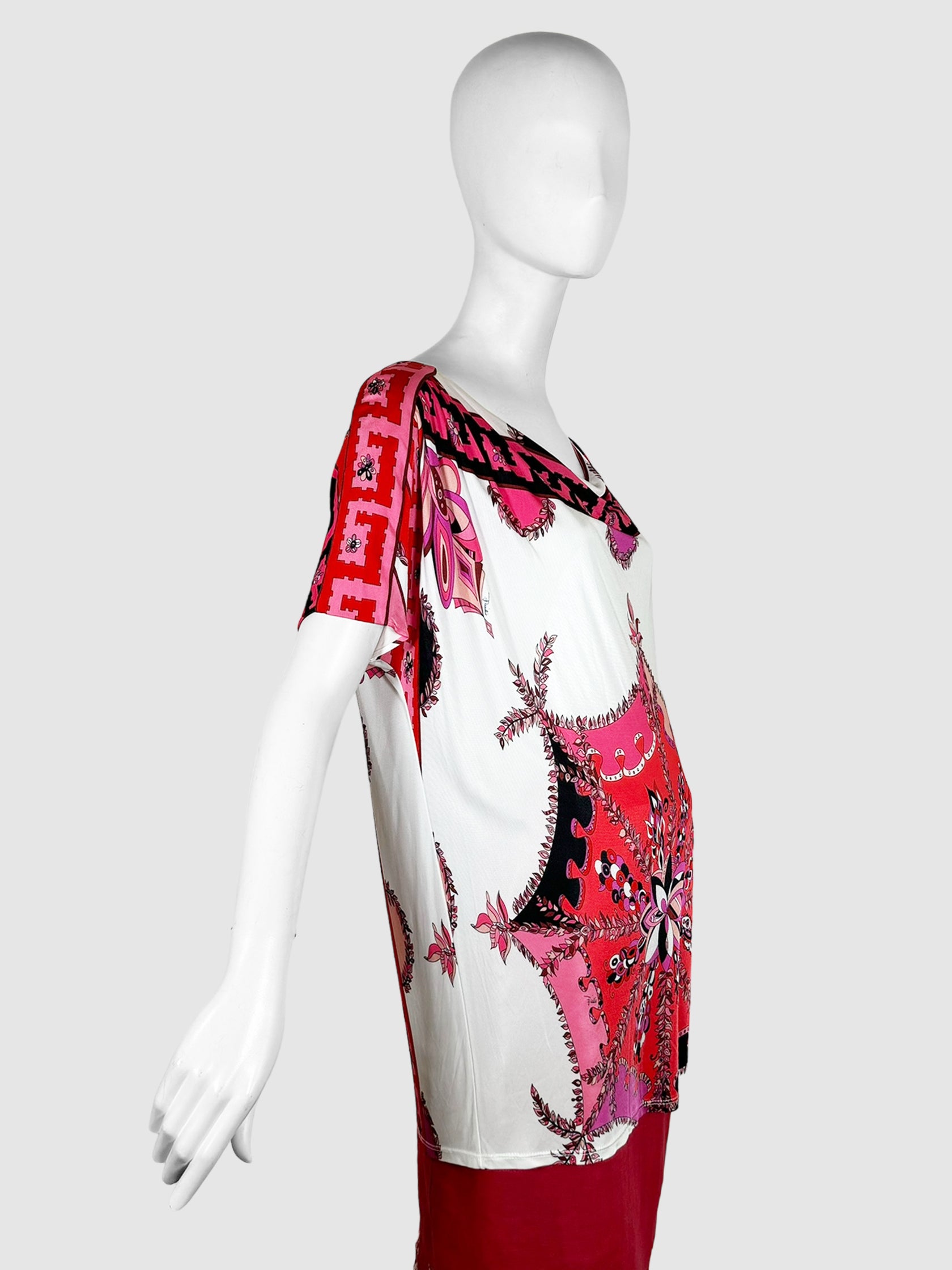 Emilio Pucci White, Red, and Pink Abstract Print Boat Neck Short Sleeve Top Size 14 Consignment Secondhand Designer Luxury Resale Toronto Trendy