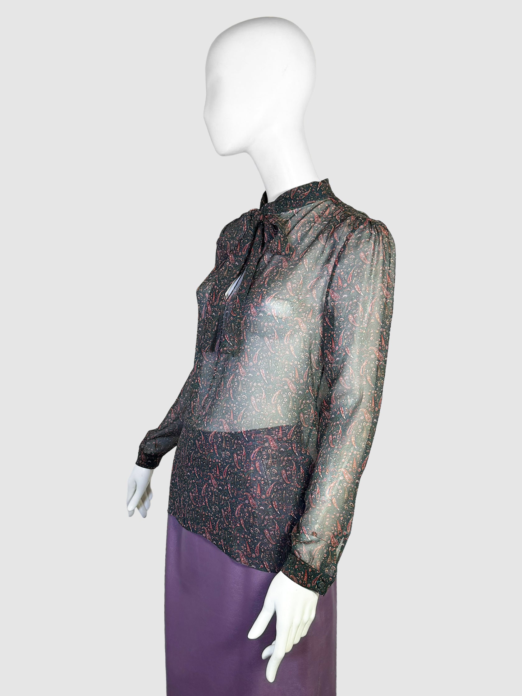 Sheer Paisley Print Silk Blouse - Size S