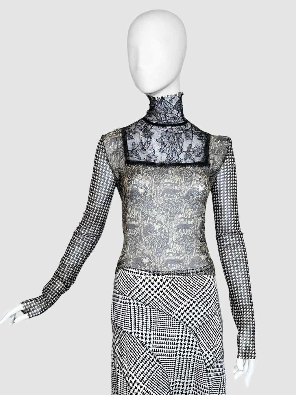 Patterned Mock Neck Top with Lace - Size L