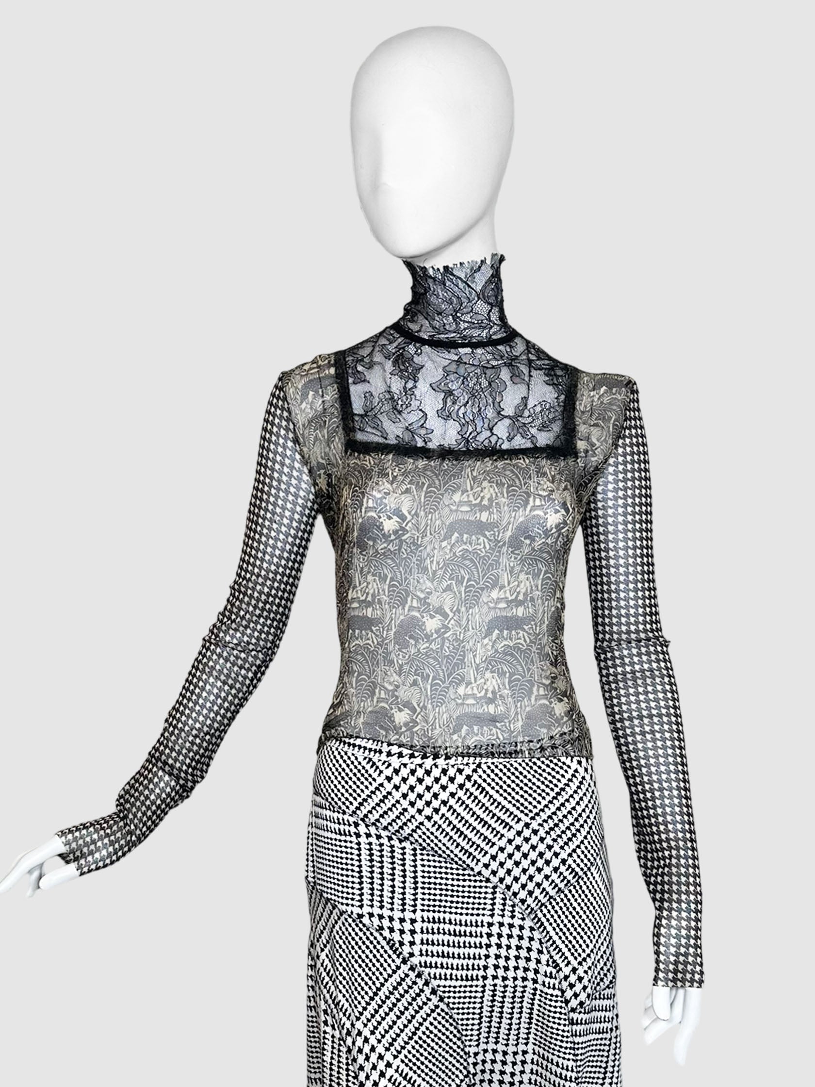 Patterned Mock Neck Top with Lace - Size L