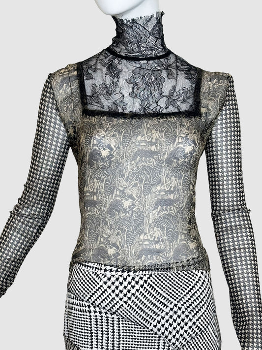 Jean Paul Gaultier Patterned Mock Neck Top with Lace - Size L