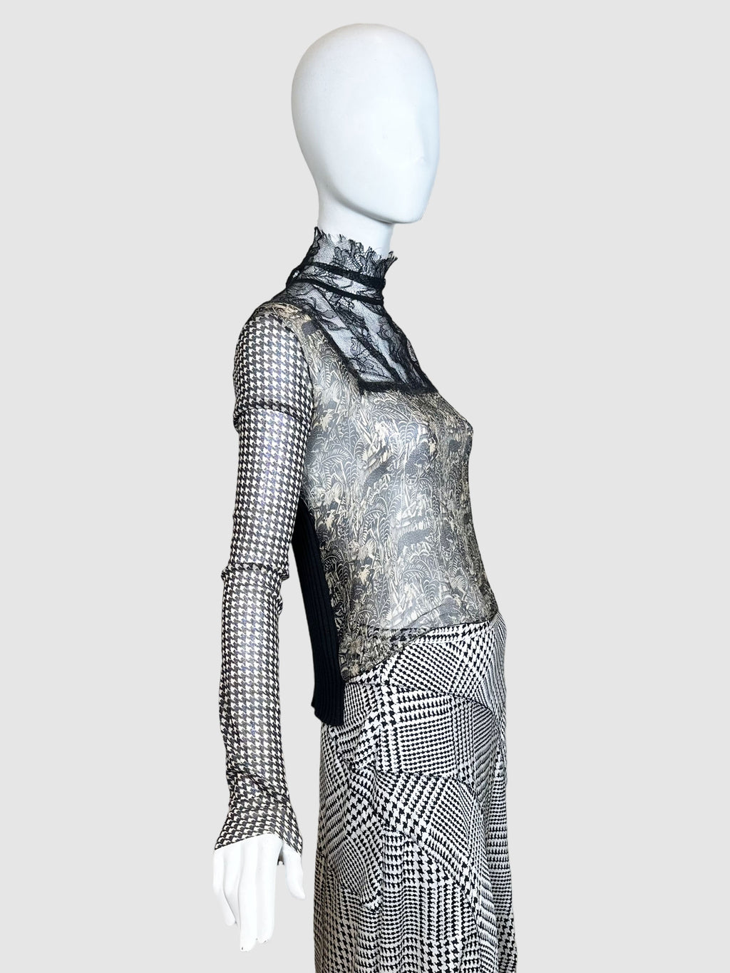 Patterned Mock Neck Top with Lace - Size L