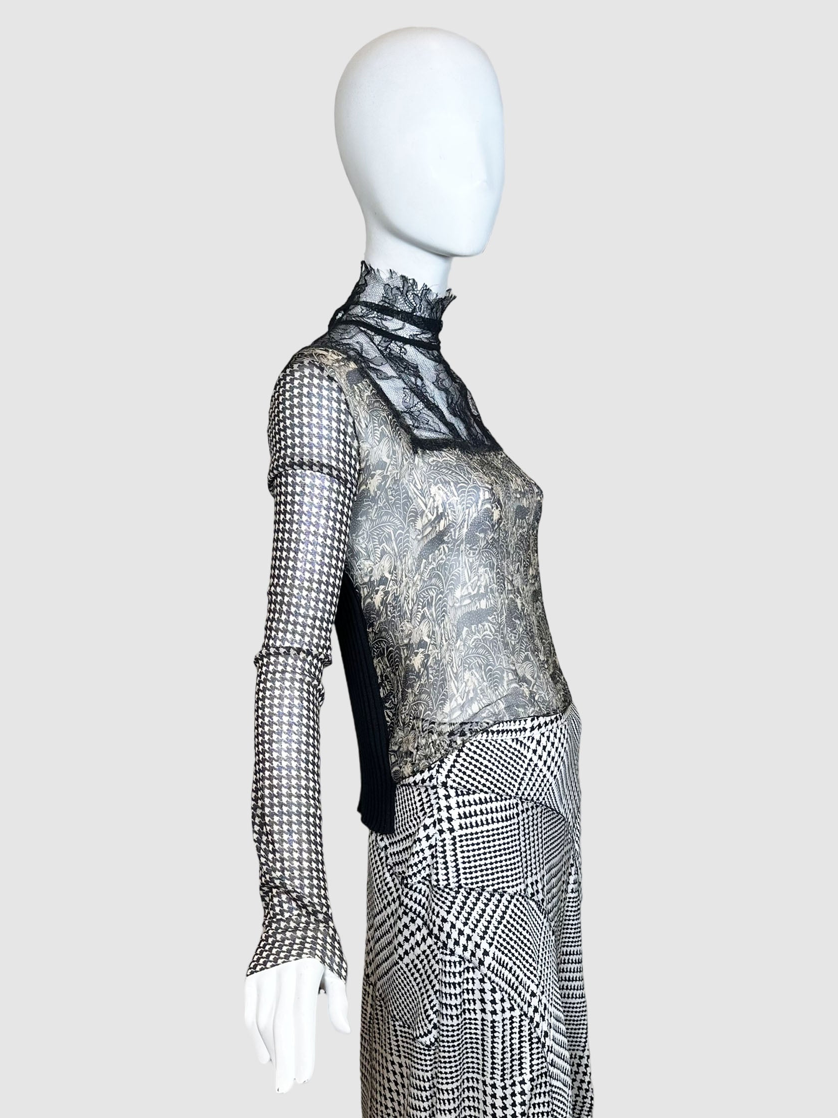 Patterned Mock Neck Top with Lace - Size L