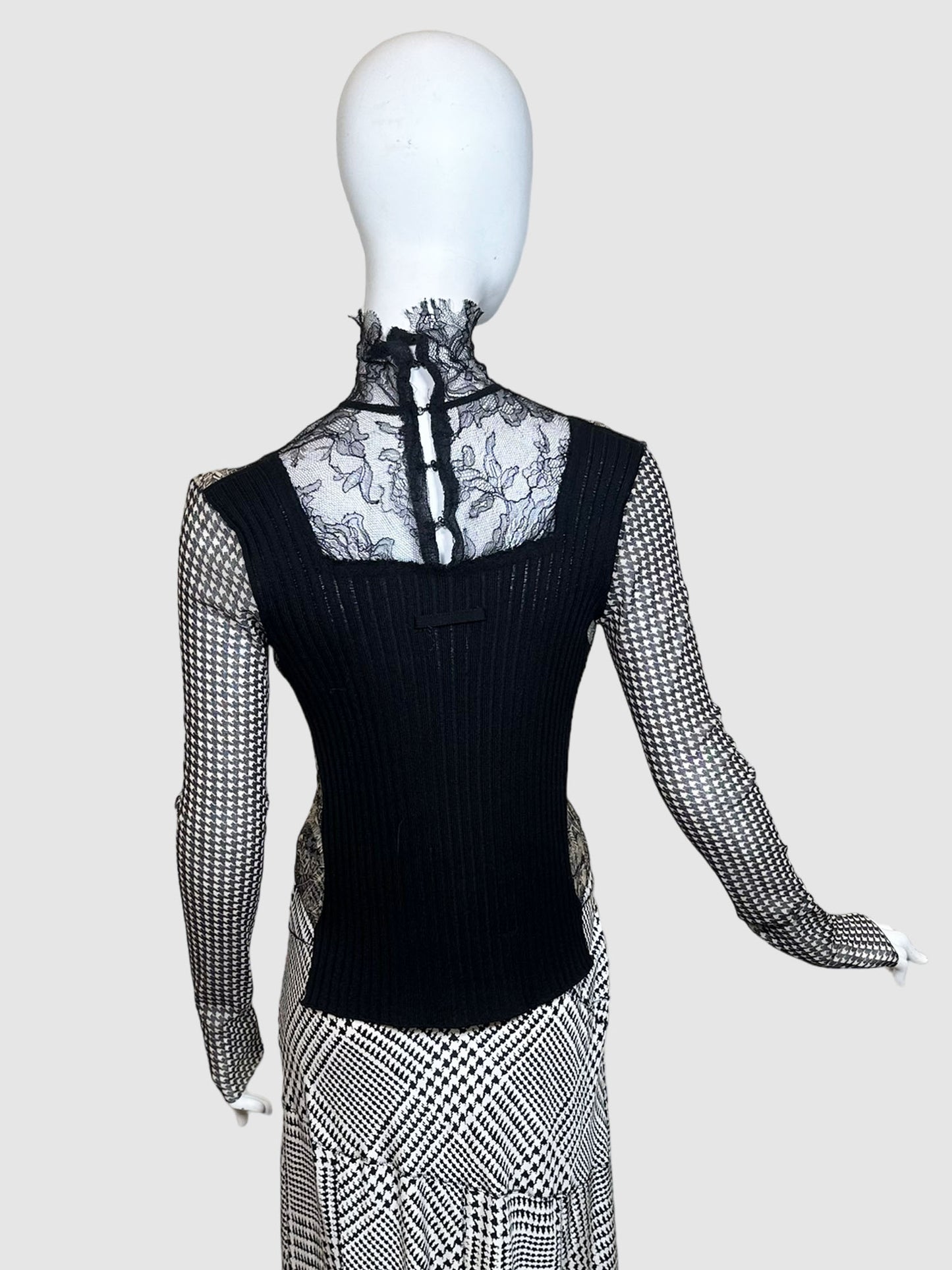 Patterned Mock Neck Top with Lace - Size L
