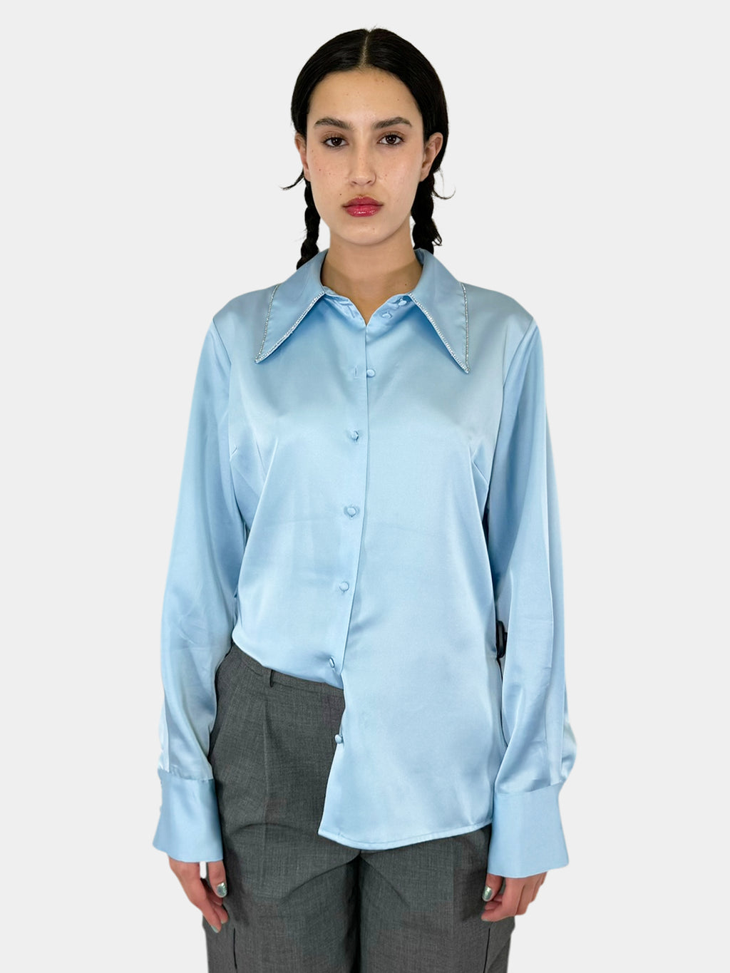 Rhinestone Trim Satin Button-Up Top