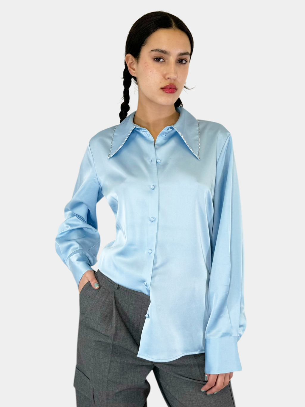 Rhinestone Trim Satin Button-Up Top