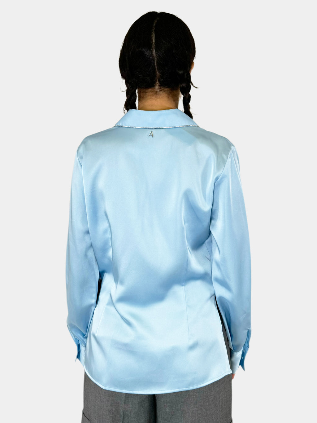 Rhinestone Trim Satin Button-Up Top