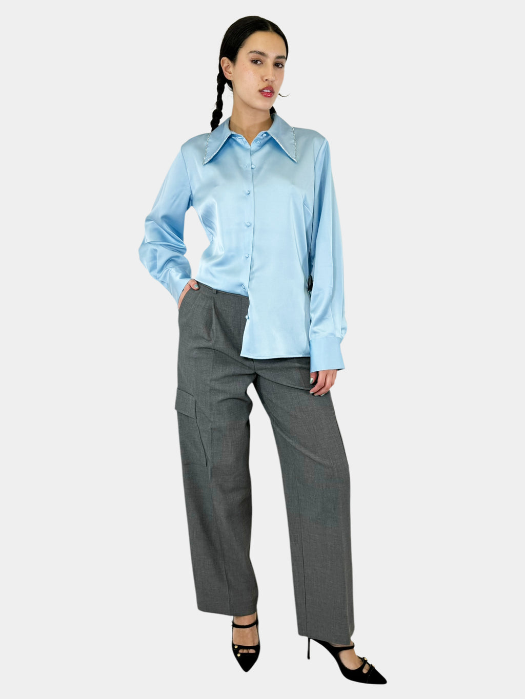 Rhinestone Trim Satin Button-Up Top