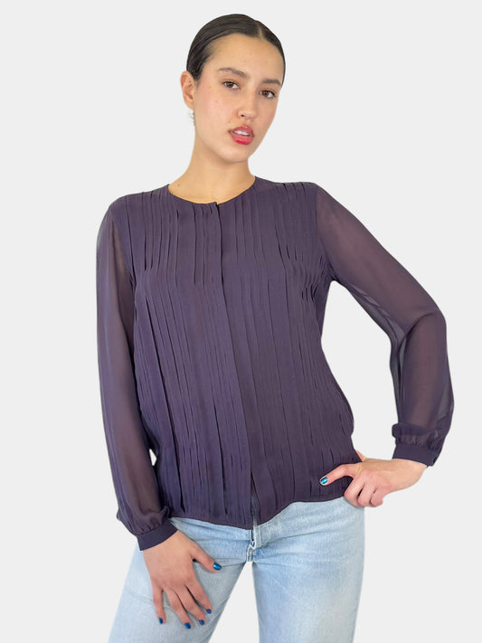 Pleated Silk Button-Up Top - Size 10