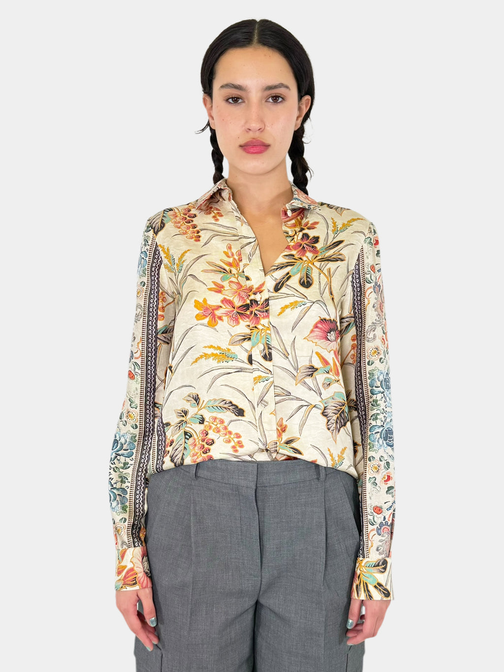 Floral Print Silk Button-Up Top