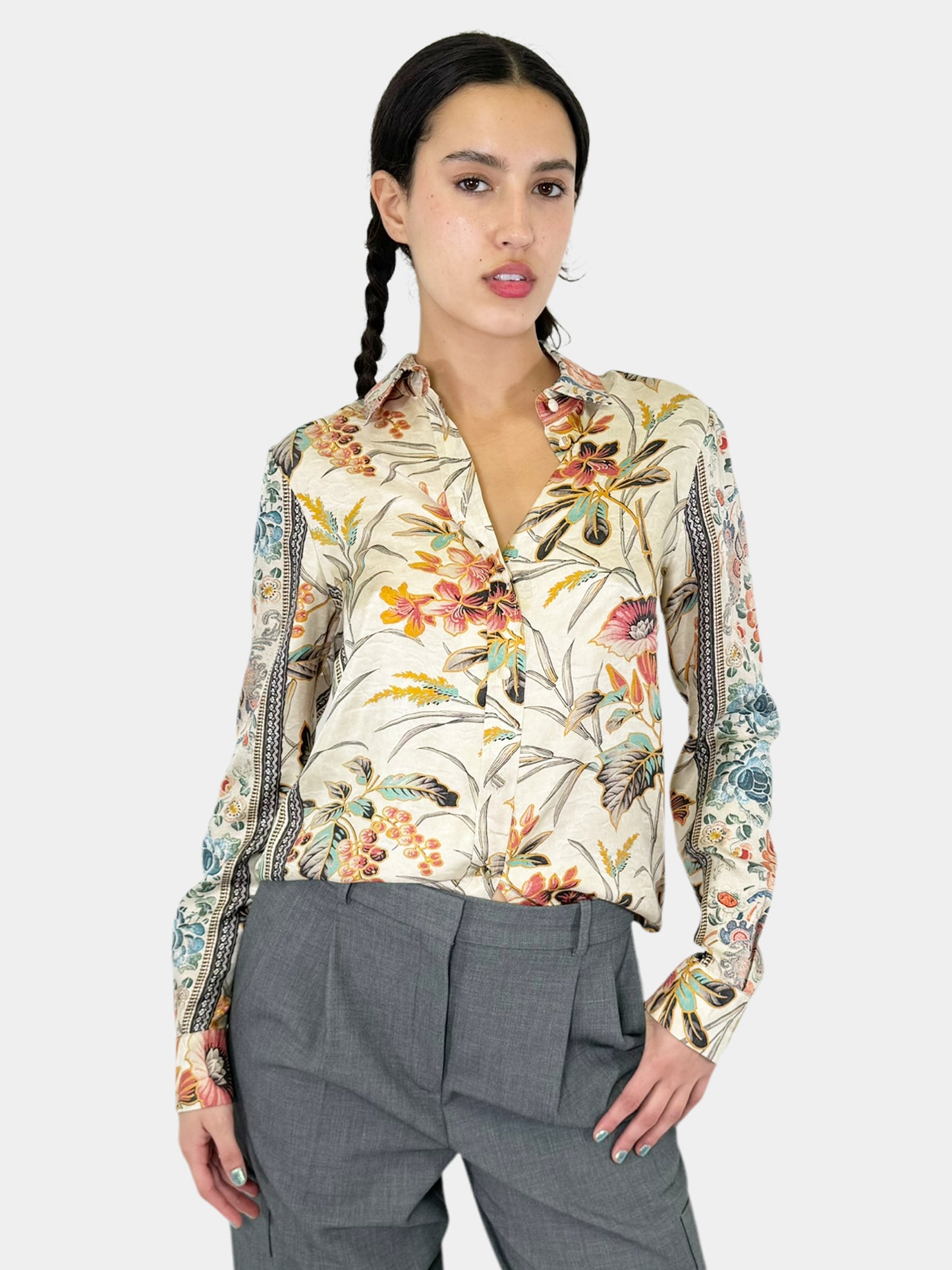 Floral Print Silk Button-Up Top - Size M