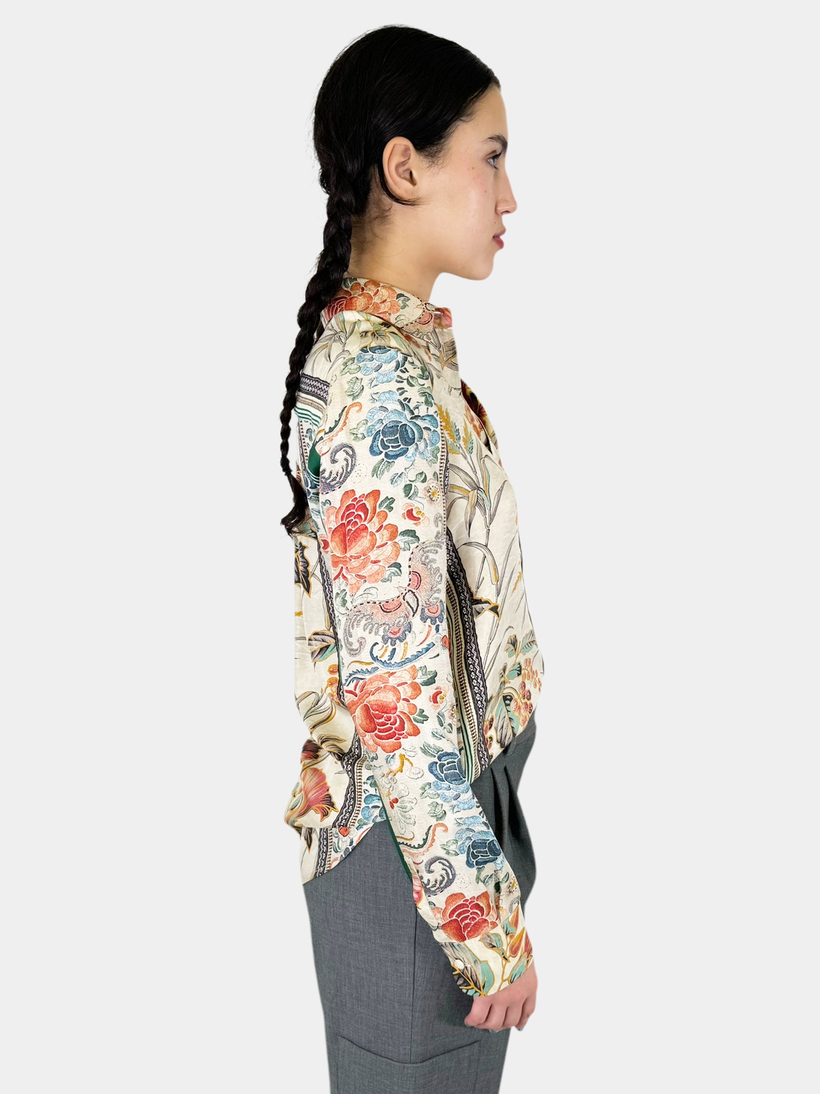 Floral Print Silk Button-Up Top