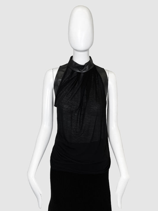 Sleeveless High Neck Leather Trim Top - Size XS