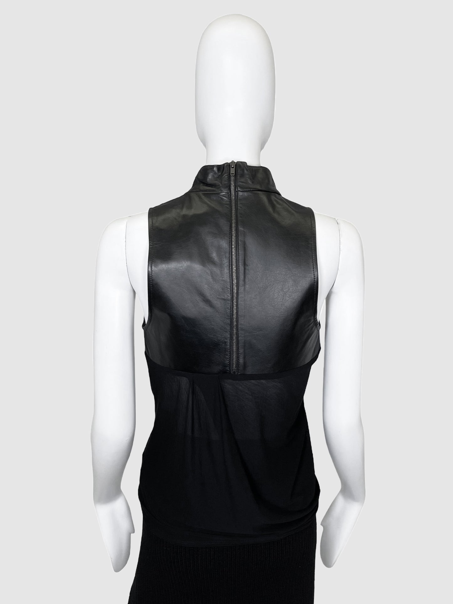 Sleeveless High Neck Leather Trim Top - Size XS