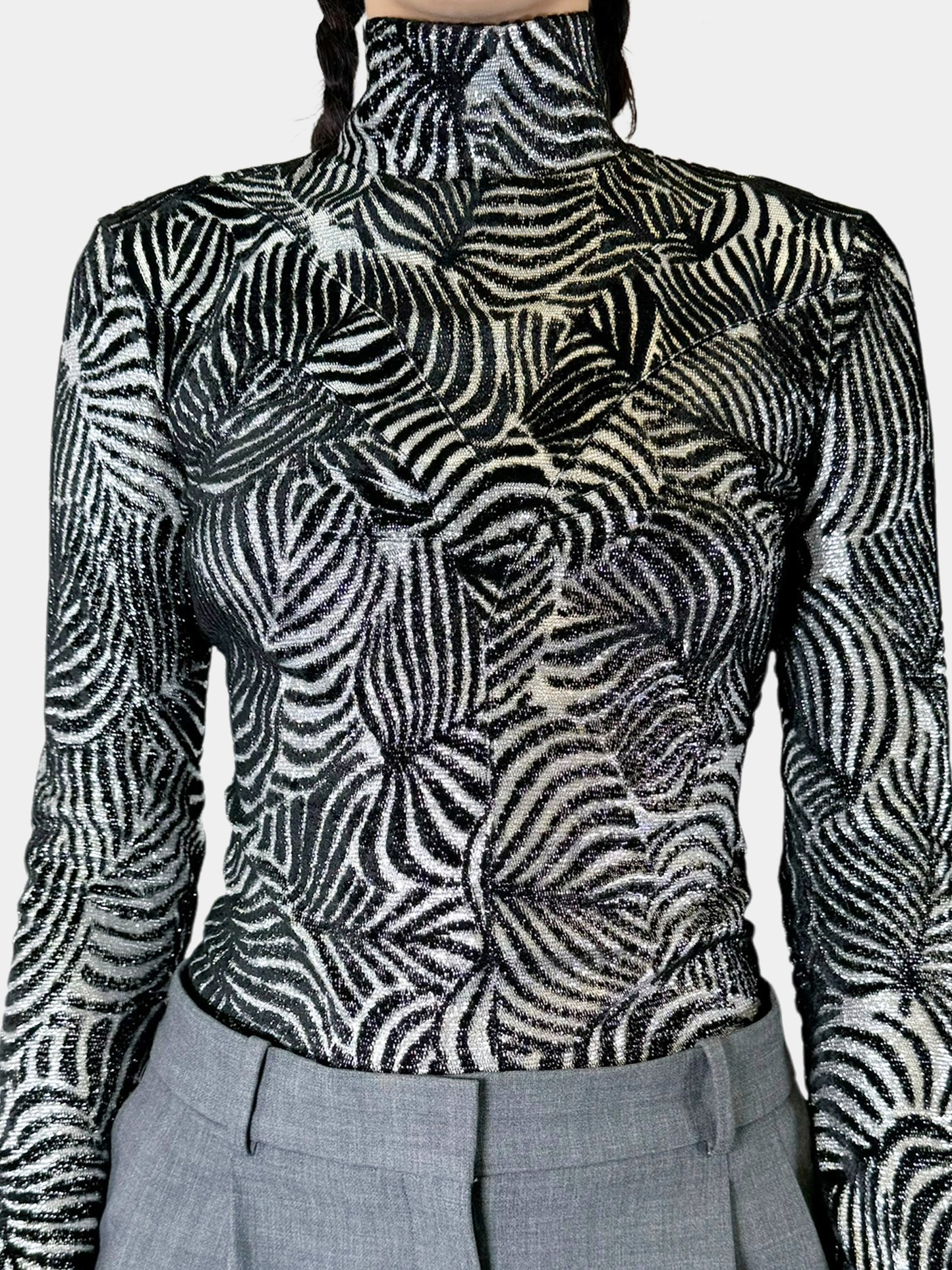 Velvet Jacquard Turtleneck Top - Size 38