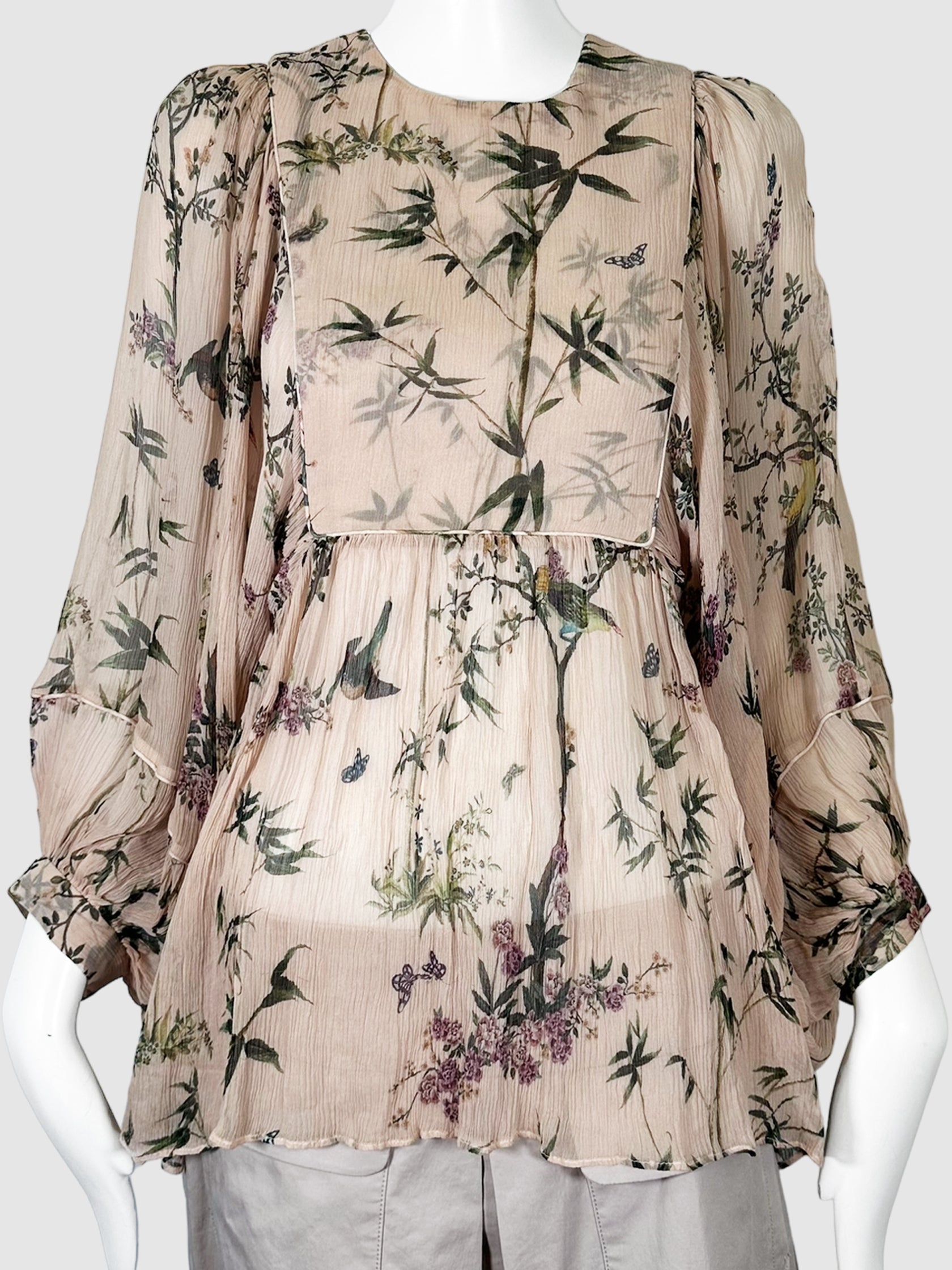 Zimmerman Pale Pink, Green and Violet Maples Smock Floral Silk Top Consignment Secondhand Designer Luxury Resale Toronto Trendy 