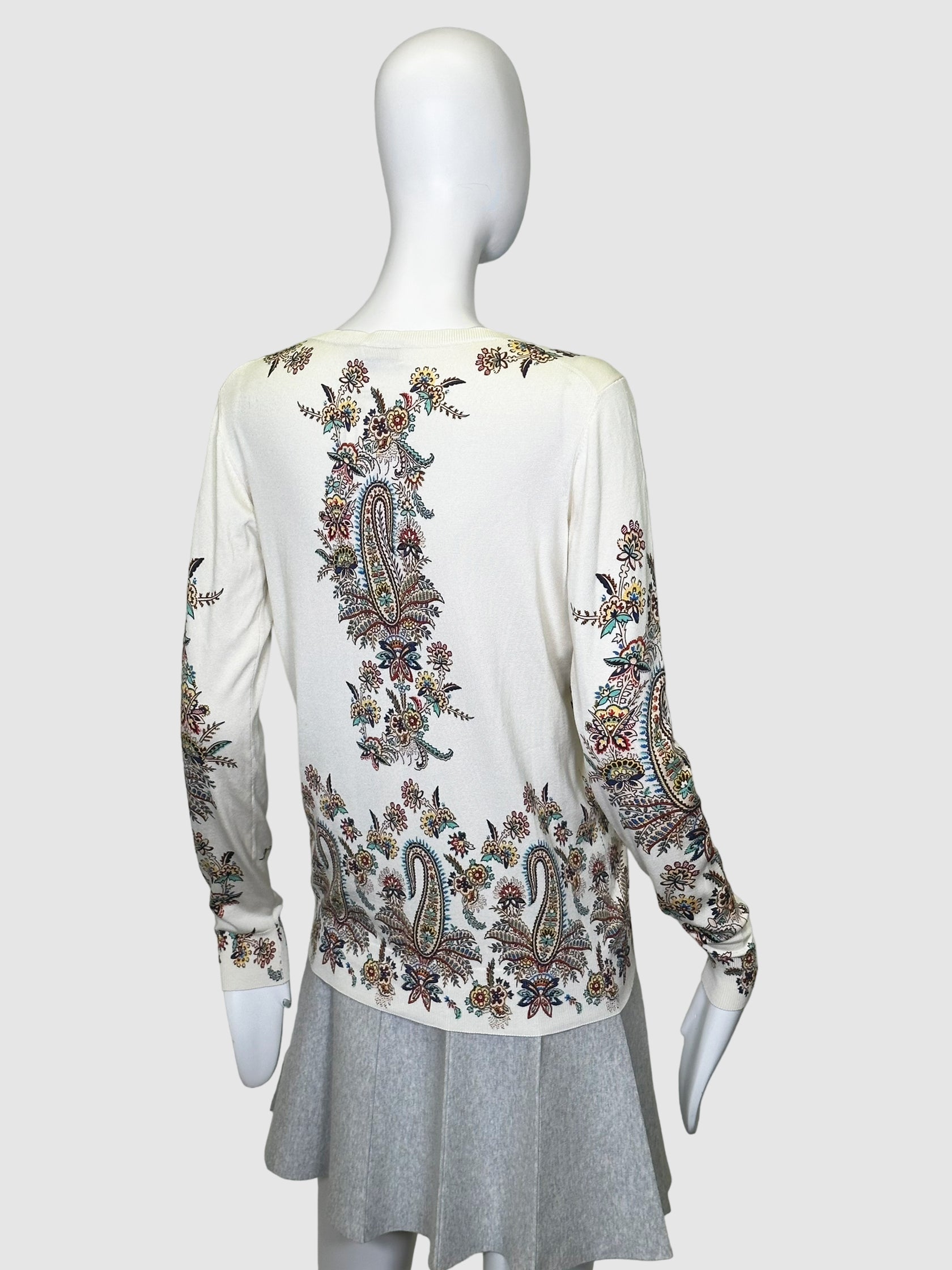 Etro Floral and Paisley Print V-Neck Silk Sweater - Size 46