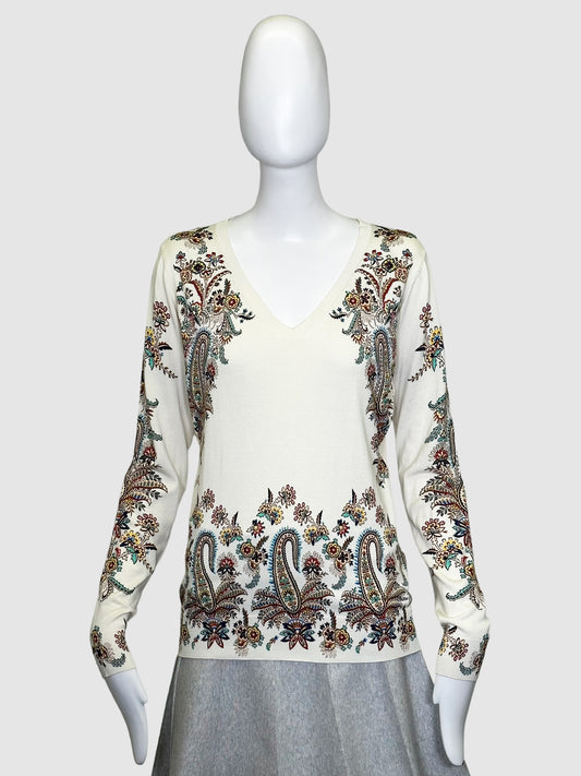 Etro Floral and Paisley Print V-Neck Silk Sweater - Size 46