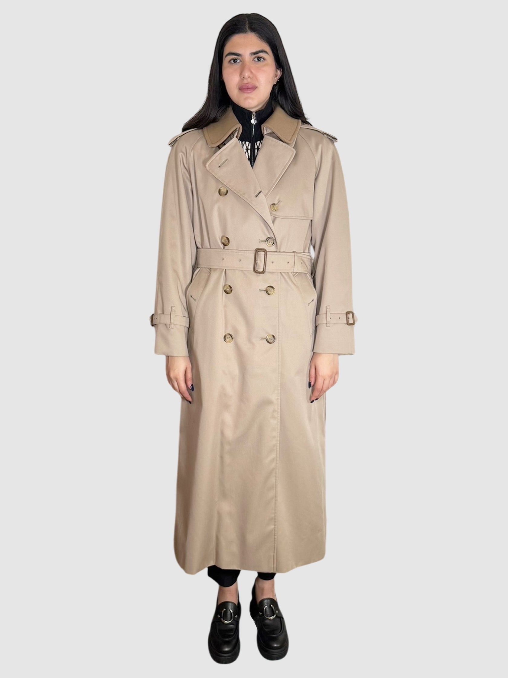 Burberry Beige Double-Breasted Long Trench Coat with Detachable Wool Interior, Size 6 Luxury Designer resale Toronto Canada secondhand consignment
