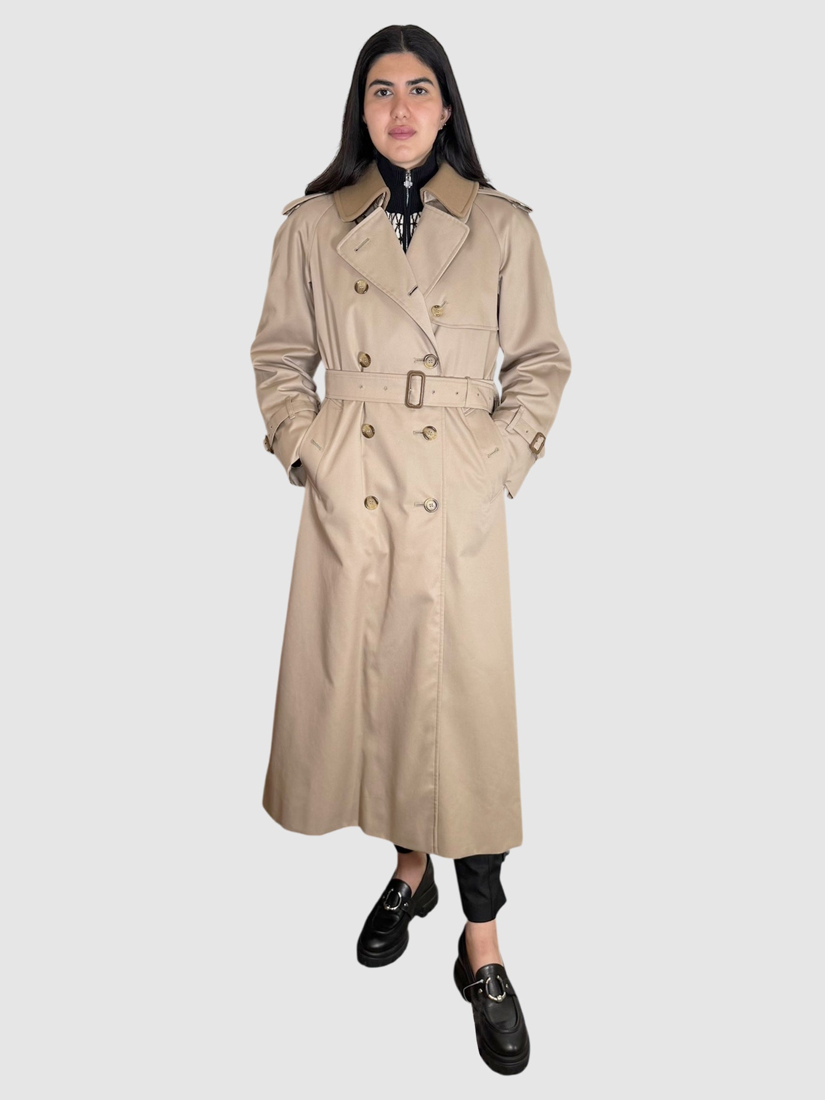 Burberry Beige Double-Breasted Long Trench Coat with Detachable Wool Interior, Size 6 Luxury Designer resale Toronto Canada secondhand consignment