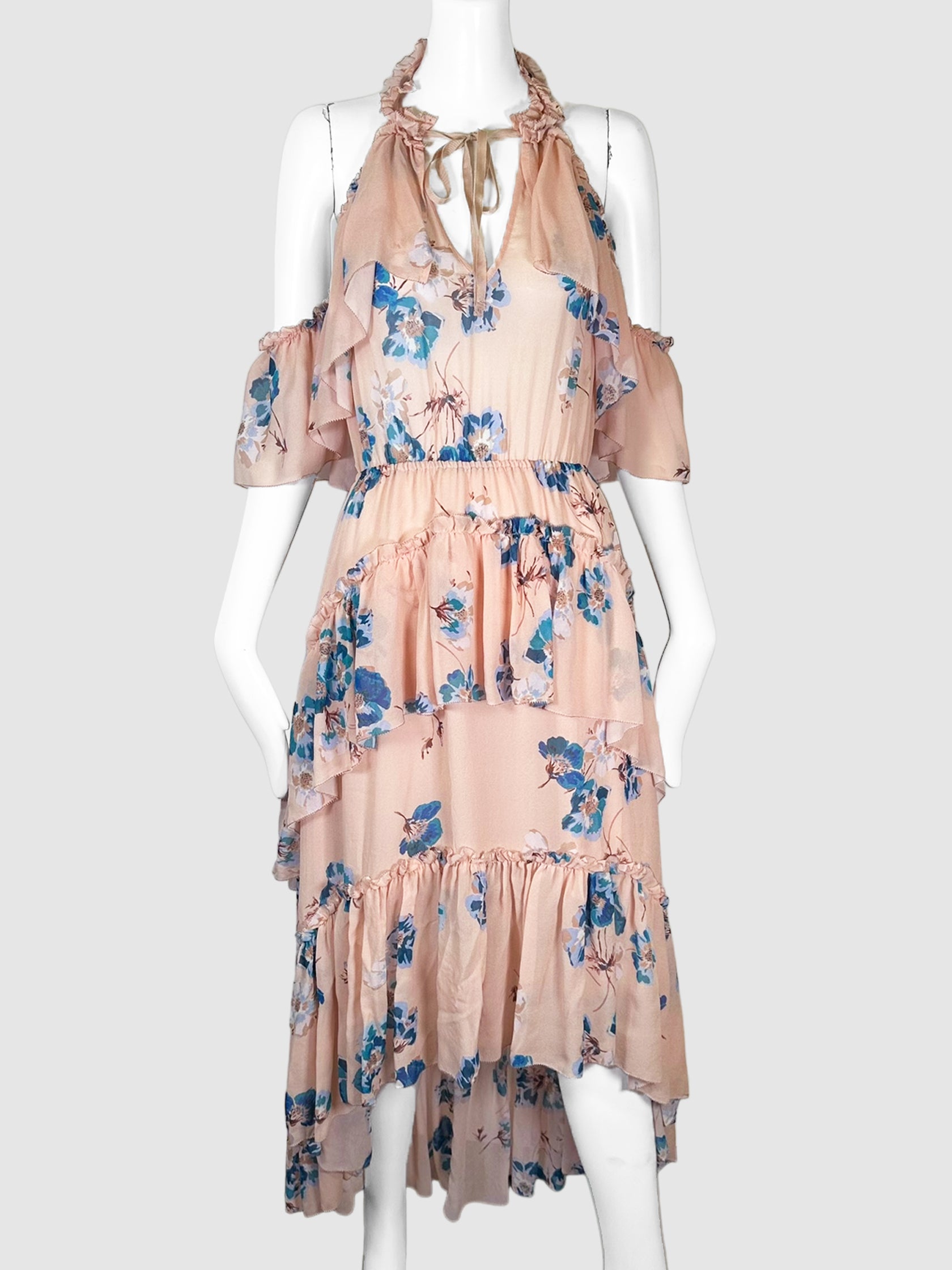 Ulla Johnson Pink with Blue Floral Print Off the Shoulder and Halter Tiered Ruffle Midi Dress Size 4 Consignment Secondhand Designer Luxury Resale Toronto Trendy