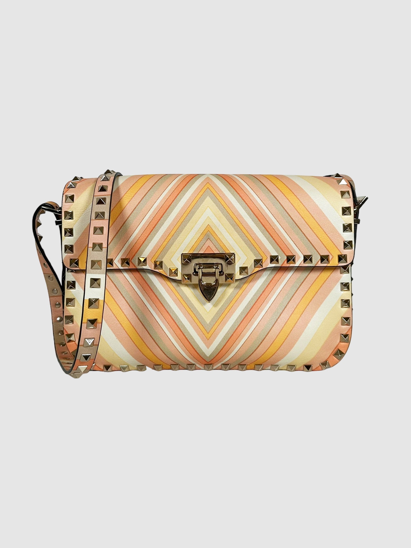 Valentino Orange, Pink, and White Vitello 1975 Medium Rockstud Multicolour Flap Bag Consignment Secondhand Designer Luxury Resale Toronto Trendy