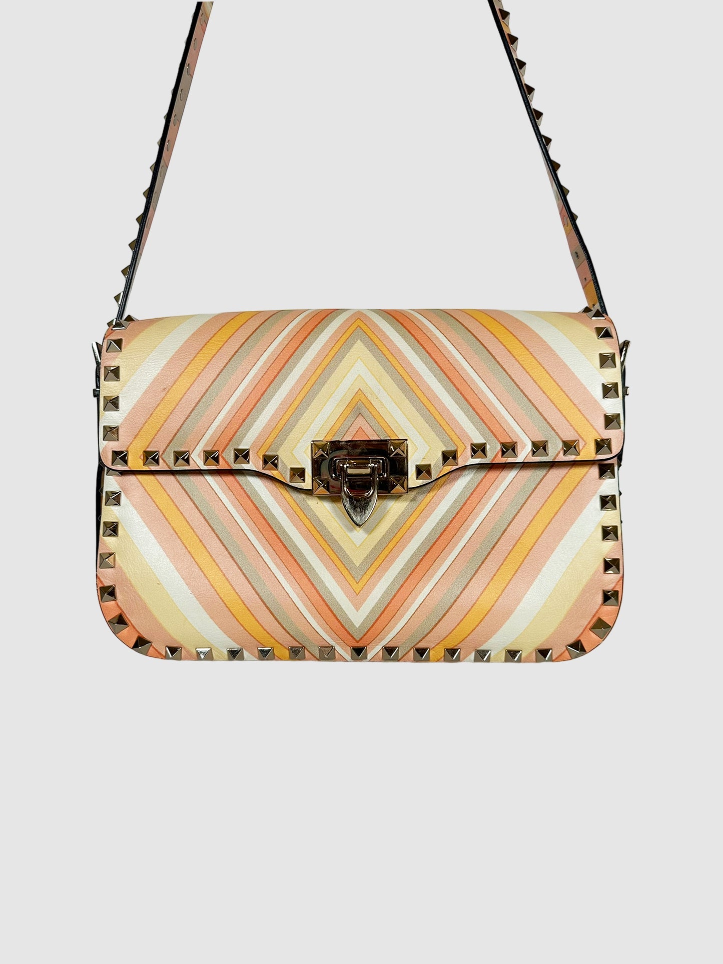 Valentino Orange, Pink, and White Vitello 1975 Medium Rockstud Multicolour Flap Bag Consignment Secondhand Designer Luxury Resale Toronto Trendy