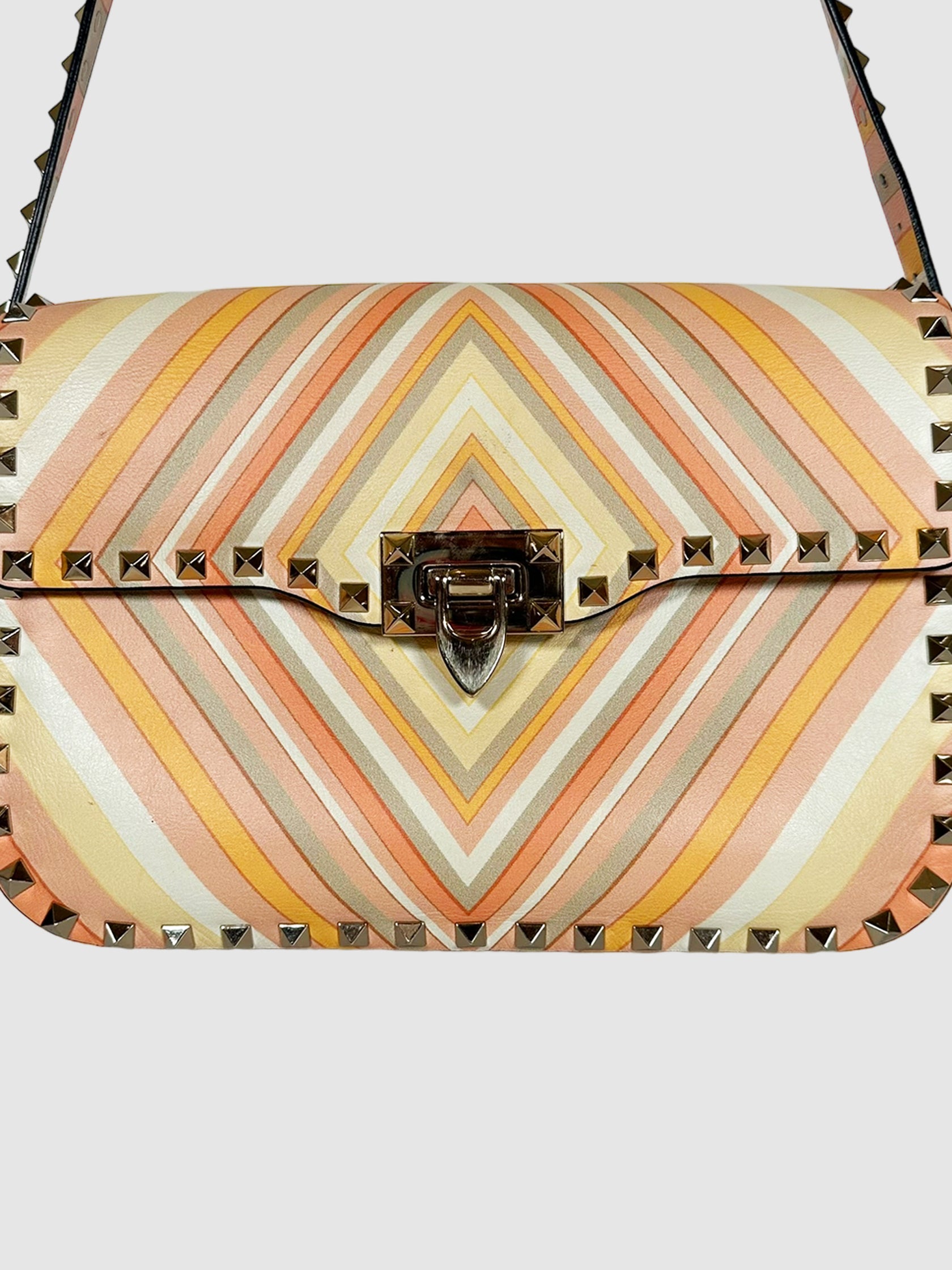 Valentino Orange, Pink, and White Vitello 1975 Medium Rockstud Multicolour Flap Bag Consignment Secondhand Designer Luxury Resale Toronto Trendy