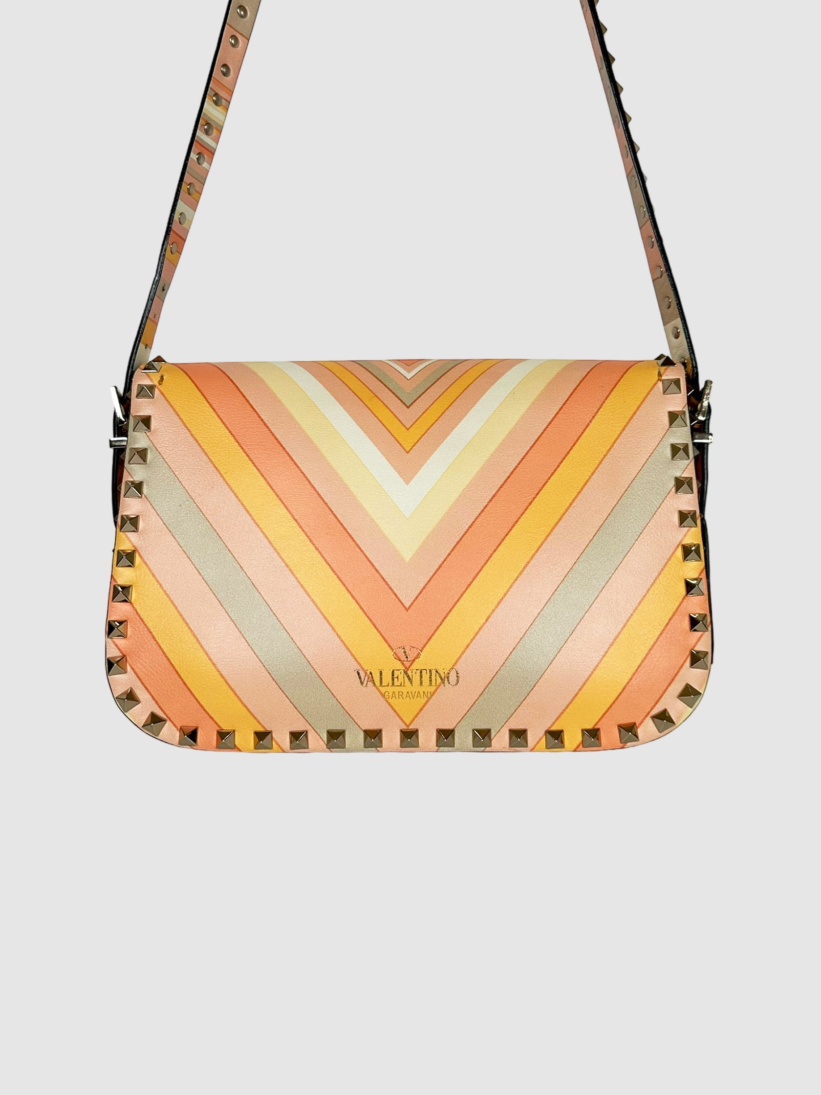 Valentino Orange, Pink, and White Vitello 1975 Medium Rockstud Multicolour Flap Bag Consignment Secondhand Designer Luxury Resale Toronto Trendy