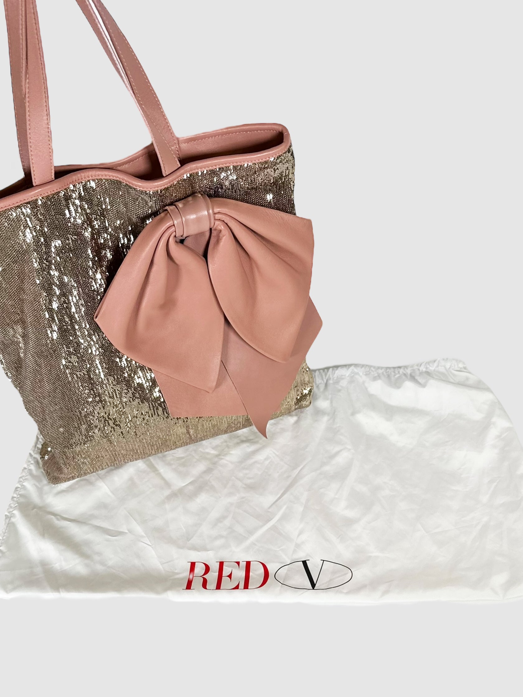 RED Valentino Pink Sequinned and Leather Bow Tote Bag Consignment Secondhand Designer Luxury Resale Toronto Trendy