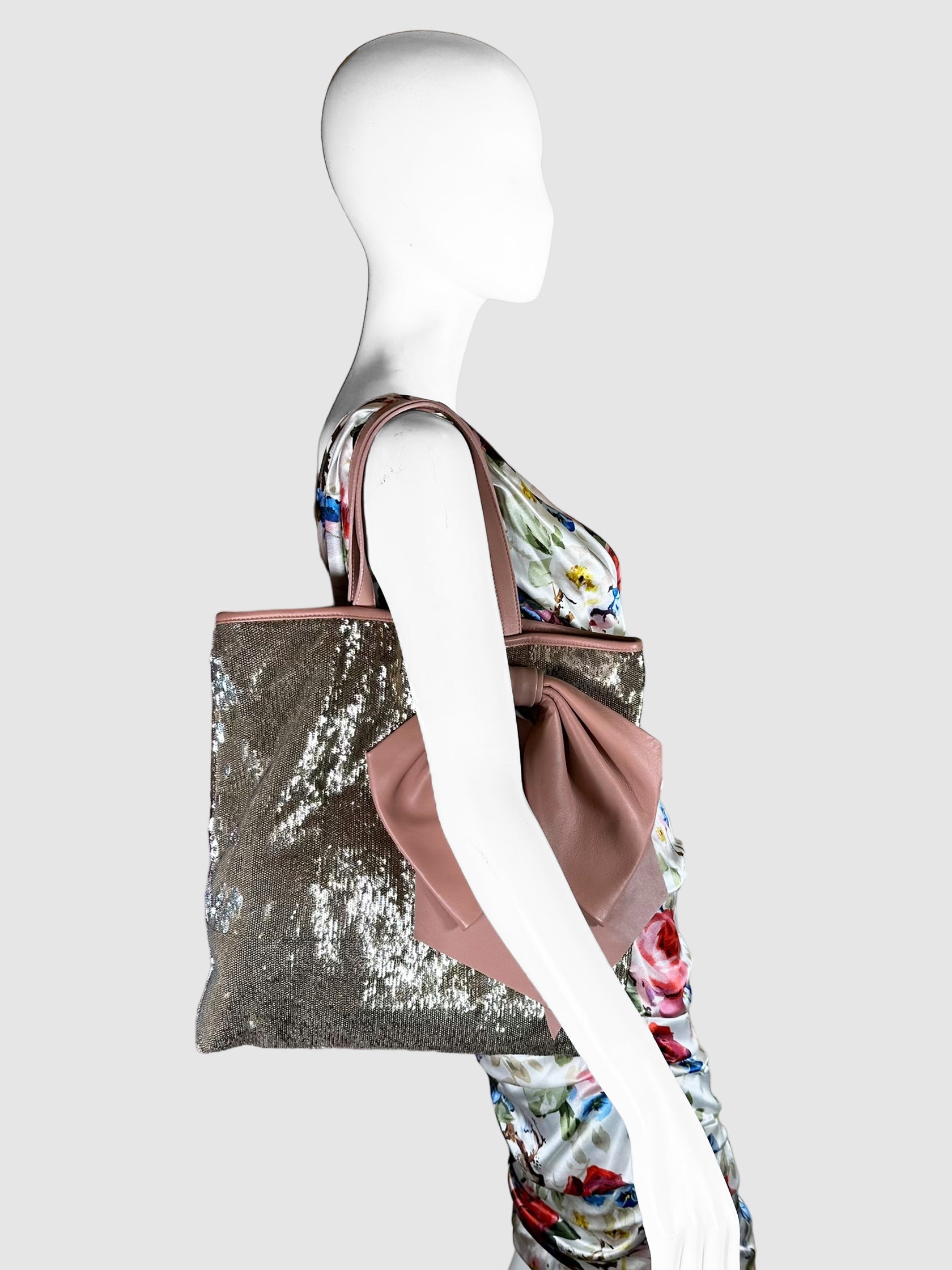 RED Valentino Pink Sequinned and Leather Bow Tote Bag Consignment Secondhand Designer Luxury Resale Toronto Trendy