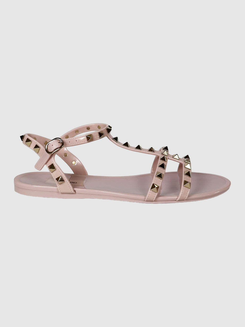 Valentino Blush Pink Rubber Rockstud T-Strap Flat Sandals Size 40 Consignment Secondhand Designer Luxury Resale Toronto Trendy