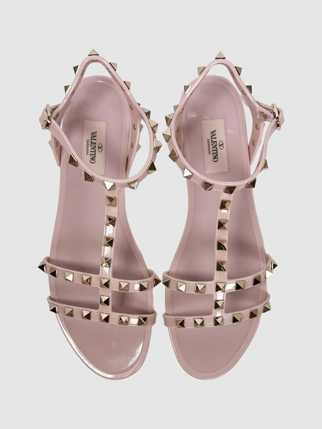 Valentino Blush Pink Rubber Rockstud T-Strap Flat Sandals Size 40 Consignment Secondhand Designer Luxury Resale Toronto Trendy