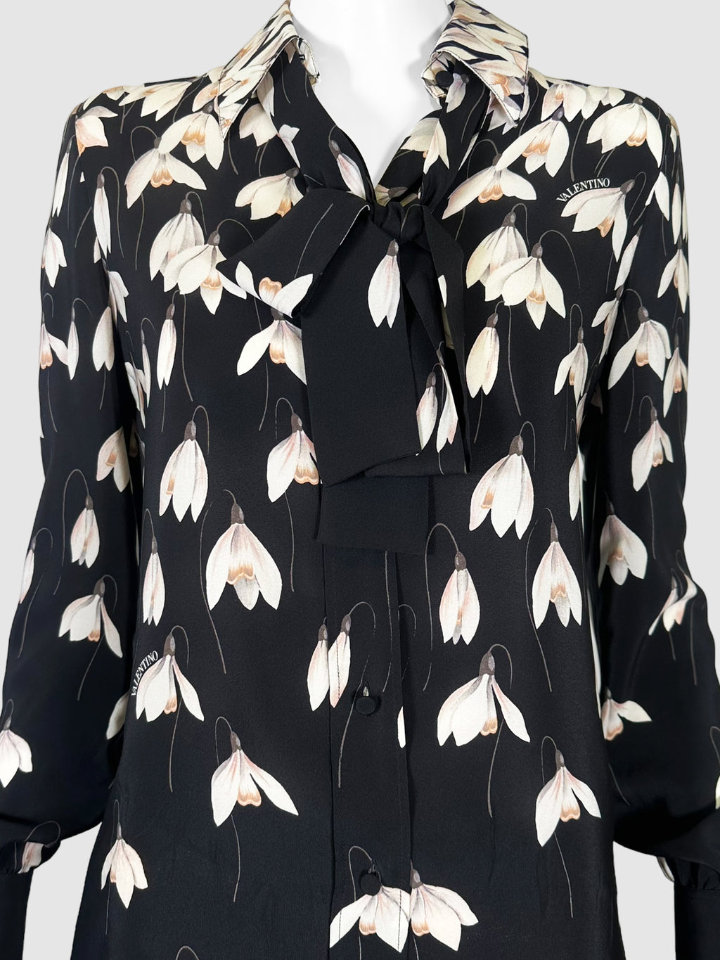 Valentino Black with Pink and White Floral Snowdrop Collared Top with Neck Tie Size 38 Consignment Secondhand Designer Luxury Resale Toronto Trendy