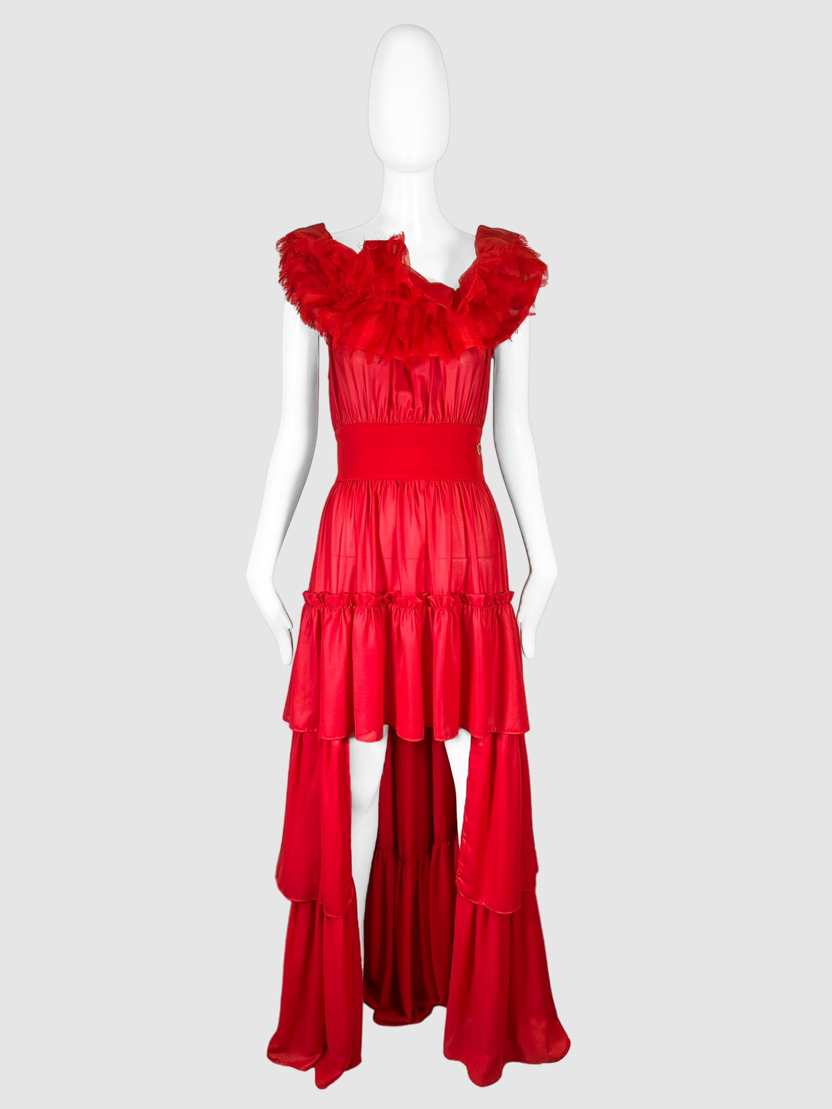 Valtadoros Red Sheer Tiered Ruffle Maxi Dress with Waist Bow Size Medium Consignment Secondhand Designer Luxury Resale Toronto Trendy