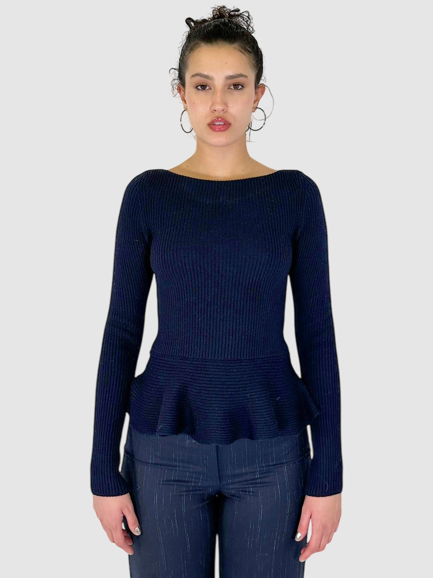 Ribbed Wool Peplum Top - Size S